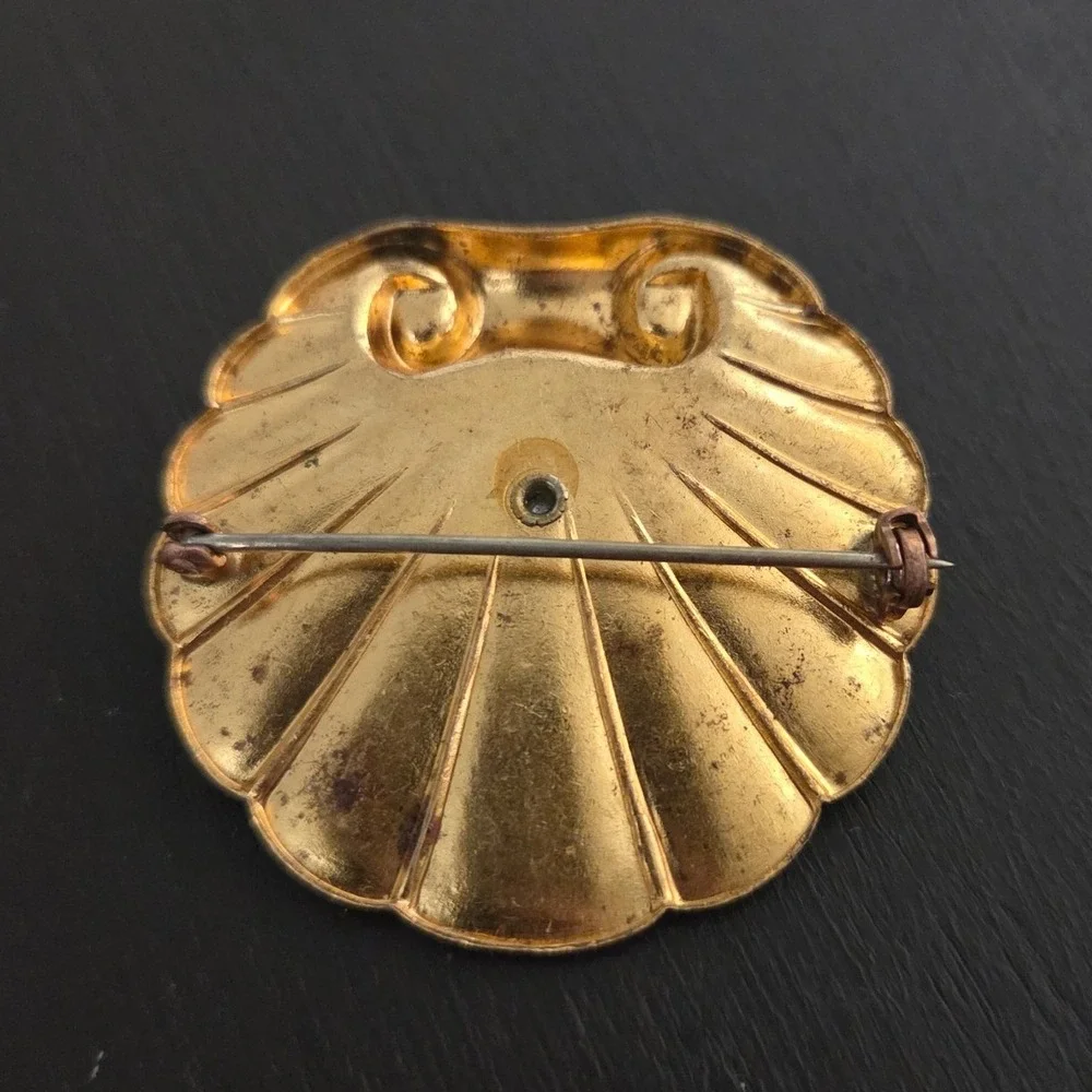 Vintage Gold Tone Mermaid Scallop Shell Brooch Rhinestone Flower Faux Pearl‎